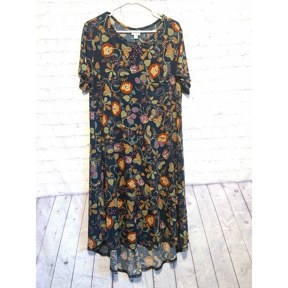 LuLaRoe Carly Swing Dress Large Simply Comfortable High-Low Blue Floral Pocket